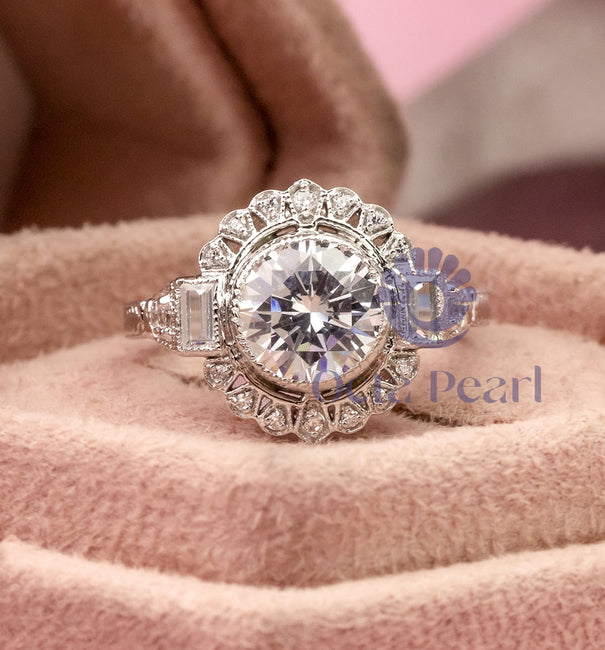 Round & Baguette Cut CZ Stone Bezel Set Art Deco Vintage Wedding Ring