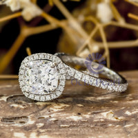 Cushion & Round Cut Moissanite Halo Wedding Engagement Ring Set