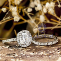 Cushion & Round Cut Moissanite Halo Wedding Engagement Ring Set