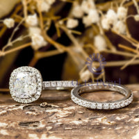 Cushion & Round Cut Moissanite Halo Wedding Engagement Ring Set