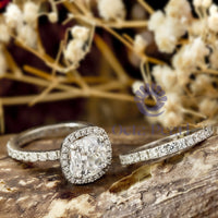 Cushion & Round Cut Moissanite Halo Wedding Engagement Ring Set