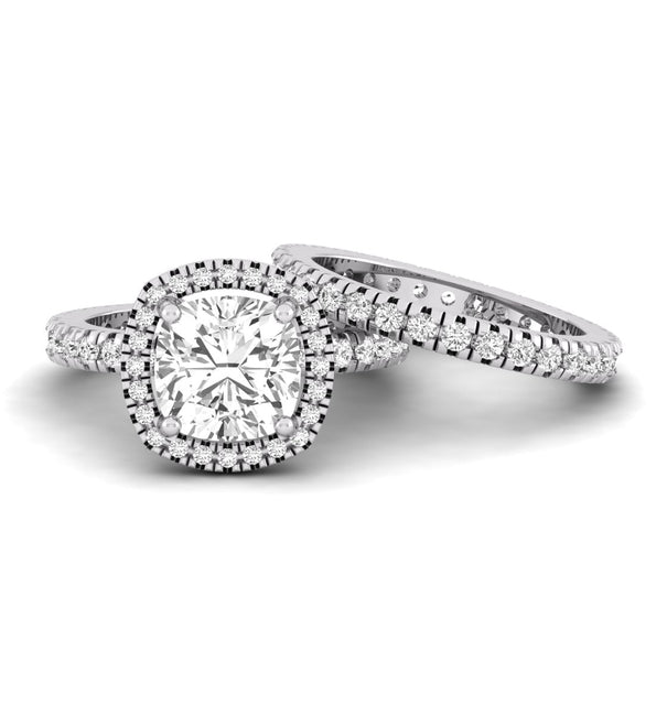 Cushion & Round Cut Moissanite Halo Wedding Engagement Ring Set