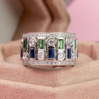 Green, Blue Baguette & White Round Cut CZ Stone Full Eternity Party Wear Band For Unisex