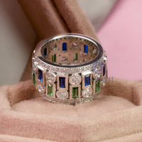 Green, Blue Baguette & White Round Cut CZ Stone Full Eternity Party Wear Band For Unisex