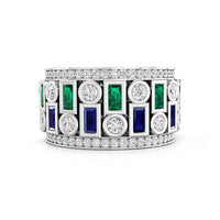Green, Blue Baguette & White Round Cut CZ Stone Full Eternity Party Wear Band For Unisex
