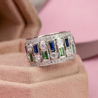 Green, Blue Baguette & White Round Cut CZ Stone Full Eternity Party Wear Band