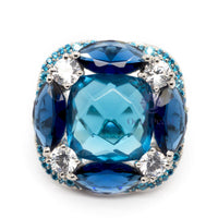 Aqua Cushion & Round With Blue Marquise CZ Stone Cocktail Ring