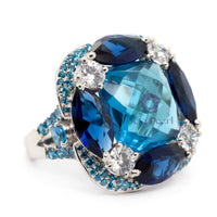 Aqua Cushion & Round With Blue Marquise CZ Stone Cocktail Ring