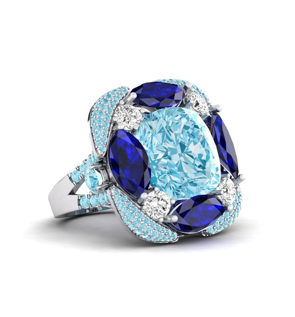 Aqua Cushion & Round With Blue Marquise CZ Stone Cocktail Ring