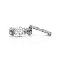 Round Cut Moissanite Milgrain Art Deco Leaf Motif Ivy Wedding Ring Set For Women