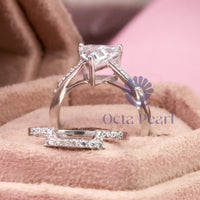 Triangle & Round Cut CZ Stone Curved Wedding Bridal Ring Set