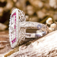 Round Cut Or Pink Baguette Cut CZ Stone Double Halo Art Deco Dinner Ring