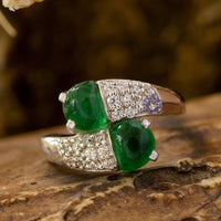 5 MM Green Fancy Cabochon With Round CZ Stone Bypass Shank Toi Et Moi Engagement Wedding Ring