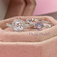 Colorless Cushion & Round Cut Moissanite Halo Bridal Engagement Ring Set