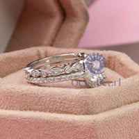 Colorless Cushion & Round Cut Moissanite Halo Bridal Engagement Ring Set