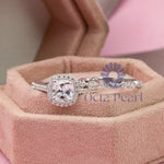 Colorless Cushion & Round Cut Moissanite Halo Bridal Engagement Ring Set