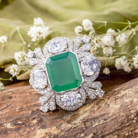 Green Emerald CZ Stone Floral Inspire Art Deco Ring