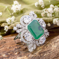 Green Emerald CZ Stone Floral Inspire Art Deco Ring