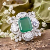 Green Emerald CZ Stone Floral Inspire Art Deco Ring