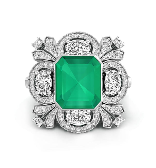 Green Emerald Or Oval & Round Cut CZ Stone Bezel Set Cocktail Party Wear Ring For Women