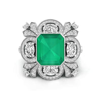 Green Emerald Or Oval & Round Cut CZ Stone Bezel Set Cocktail Party Wear Ring For Women