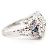 Round With Blue Sapphire Triangle Milgrain Art Deco Edwardian Engagement Ring