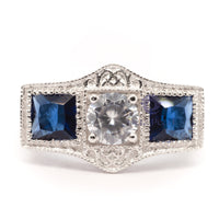 Blue Sapphire Three Stone Art deco Ring With Milgrain