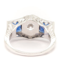 Blue Sapphire Three Stone Art deco Ring With Milgrain