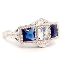 Blue Sapphire Three Stone Art deco Ring With Milgrain