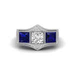 Blue Sapphire Three Stone Art deco Ring With Milgrain