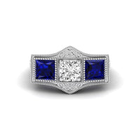 Blue Sapphire Three Stone Art deco Ring With Milgrain