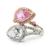 Pink & White Pear Cut CZ Two Stone Halo Bypass Shank Engagement Ring