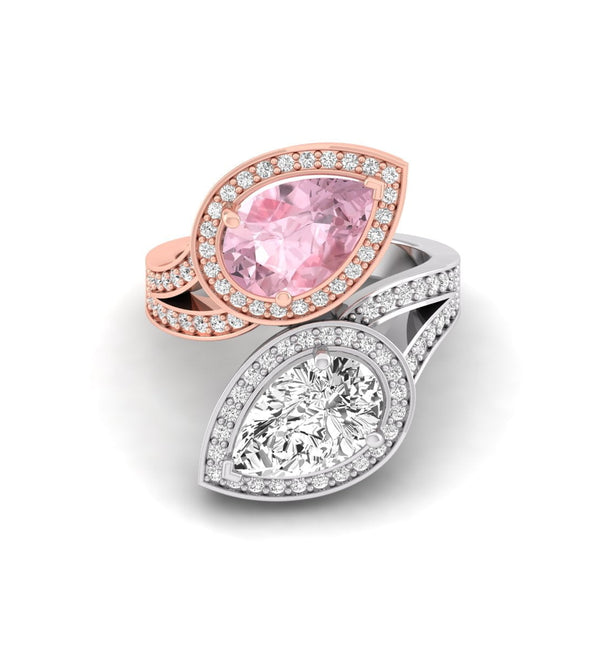 Pink & White Pear Cut CZ Two Stone Halo Bypass Shank Engagement Ring