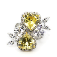 Yellow Heart CZ Halo Two Stone Bypass Shank Cocktail Ring