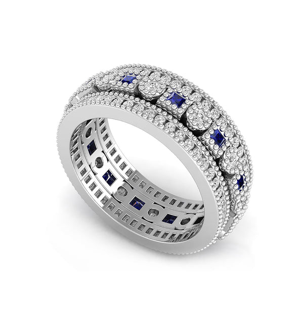 Sapphire Princess & White Round Cut CZ Stone Alternating Bezel-Set Classic Eternity Wedding Band