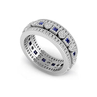 Sapphire Princess & White Round CZ Stone Alternating Bezel Set Classic Eternity Band