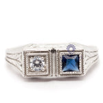 Blue Sapphire Princess With Round CZ Stone Toi Et Moi Art Deco Ring For Birthday-Mother's day Gift