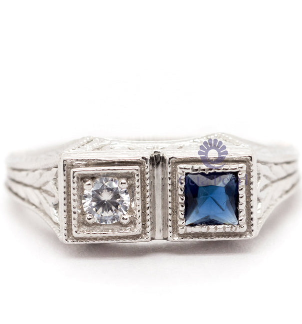 Blue Sapphire Princess With Round CZ Stone Toi Et Moi Art Deco Ring For Birthday-Mother's day Gift