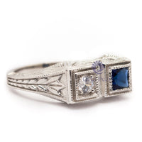 Blue Sapphire Princess With Round CZ Stone Toi Et Moi Art Deco Ring For Birthday-Mother's day Gift