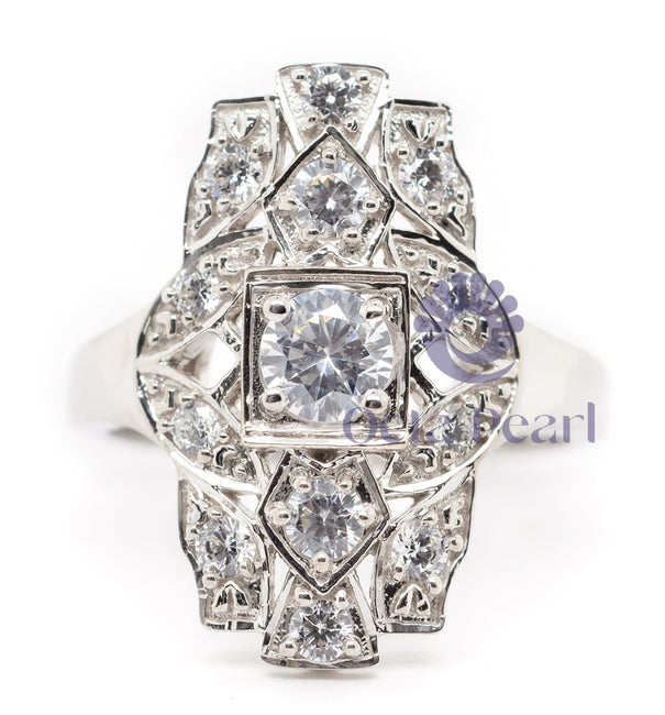 Round Cut Moissanite Vintage-Style Navette Ring