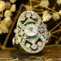 Old European Cut Or Green Baguette Cut CZ Stone Milgrain Bezel Set Art Deco Navette Engagement Ring