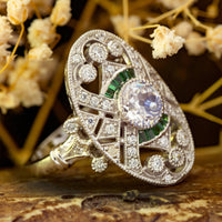 Old European Cut Or Green Baguette Cut CZ Stone Milgrain Bezel Set Art Deco Navette Engagement Ring