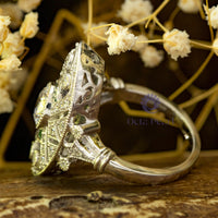 Old European Cut Or Green Baguette Cut CZ Stone Milgrain Bezel Set Art Deco Navette Engagement Ring