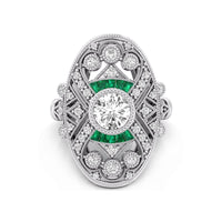 Round & Green Baguette CZ Stone Milgrain Bezel Set Art Deco Navette Engagement Ring