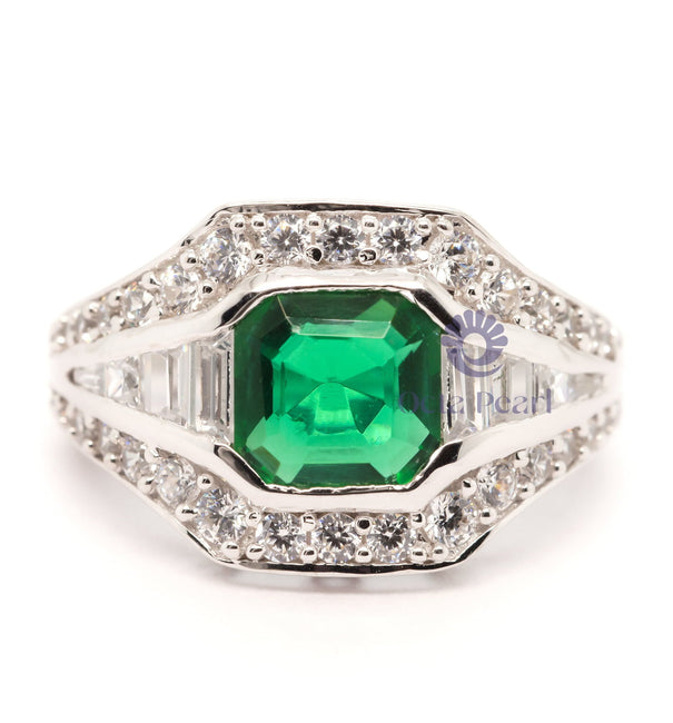 Green Asscher With Baguette CZ Stone Channel Setting Victorian Ring