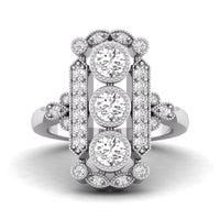 Round Cut Moissanite Milgrain Bezel Set Three Stone Art Deco Wedding Ring