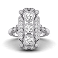 Round Cut Moissanite Milgrain Bezel Set Three Stone Art Deco Wedding Ring