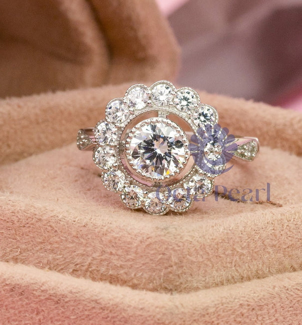 Round Moissanite Floral Halo Engagement Ring