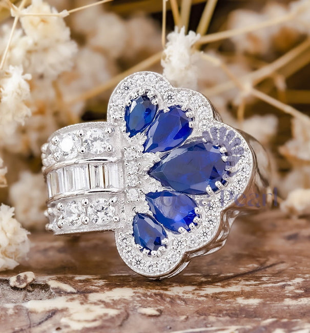 Blue Sapphire Victorian Peacock Feather Ring in Pear Cut CZ Stone