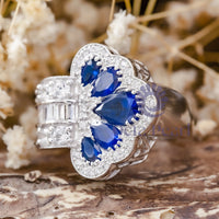 Blue Sapphire Victorian Peacock Feather Ring